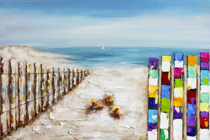 HA103 Wall décor art oil on canvas seascape beach and fence colourful